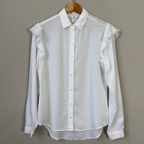 NWOT Cloth & Stone Anthropologie Ruffle Button Down Shirt Womens XS White Career - Picture 4 of 13